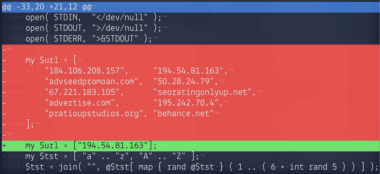 Gambar 1: Perbedaan antara Perl code dari Mumblehard backdoor sebelumnya (merah) dan tak lama setelah rilis analisis teknis ESET (hijau) 
